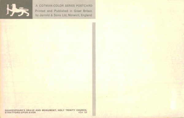 Postcard back - Shakespeare Grave Holy Trinity Postcard – Cotman-Color, Jarrold, Stratford