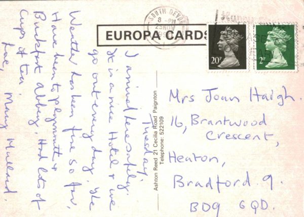 Postcard back - Torre Abbey Sands Torquay Postcard – Europa Cards 1990 Coastal Scene