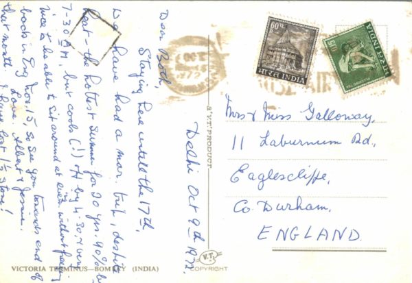 1972 India Postcard – Victoria Terminus Bombay, VT Series, Airmail to UK