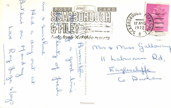 1972 Scarborough Postcard – South Bay & Castle Hill from South Cliff Gardens