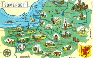 1969 Somerset Map Postcard – Illustrated County Landmarks