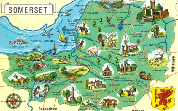 1969 Somerset Map Postcard – Illustrated County Landmarks