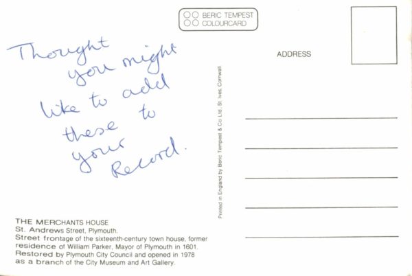 Vintage Postcard – The Merchants House Plymouth, c1980s