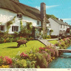 Croyde Village Postcard – Devon Thatched Cottage & Stream