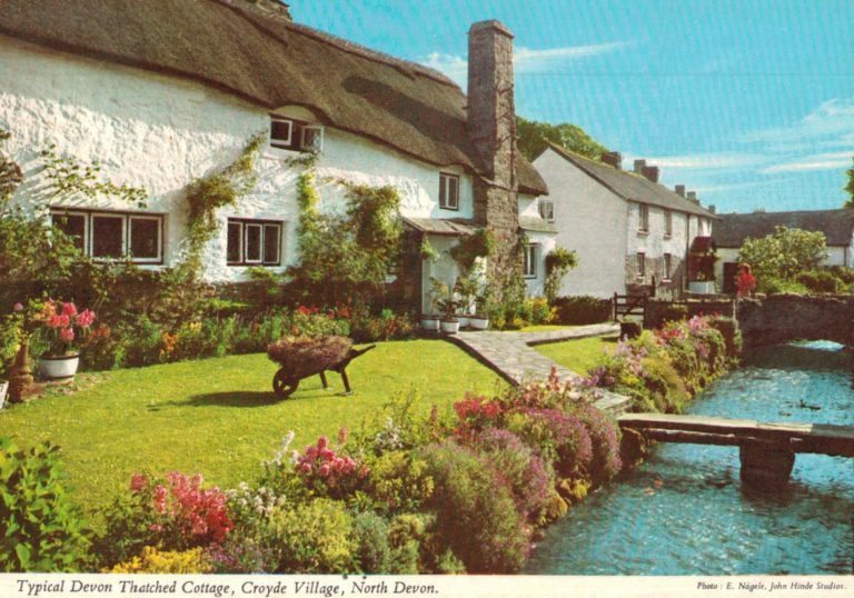 Croyde Village Postcard – Devon Thatched Cottage & Stream