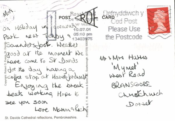 St Davids Cathedral Reflections Postcard – Pembrokeshire 2001