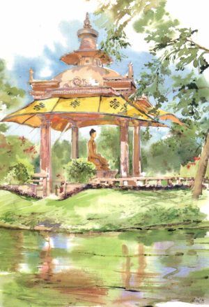 Bouddha Park New Delhi Postcard 1996 Bayle Watercolour