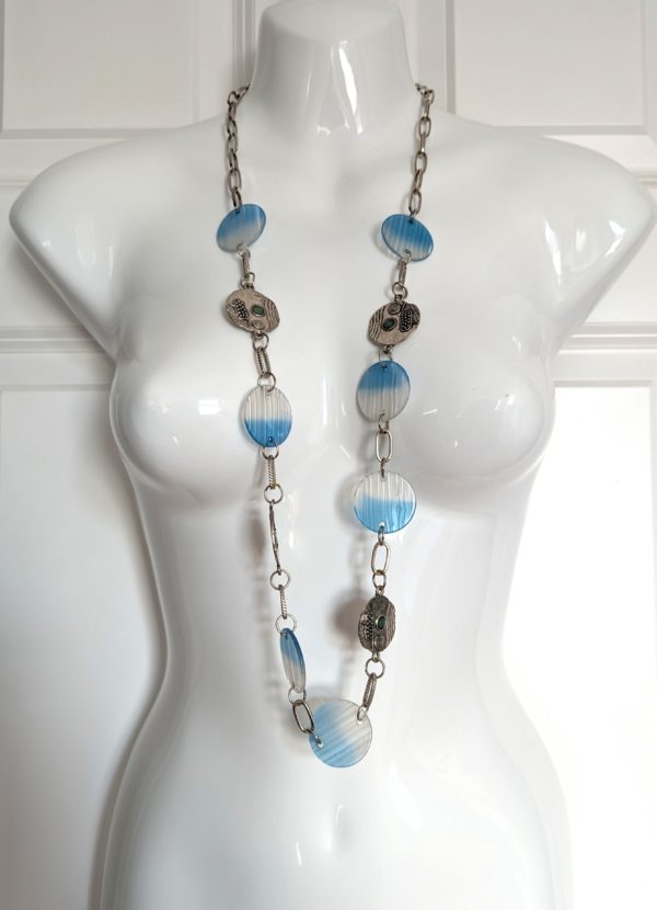 Mid-Century Brutalist Necklace With Blue Lucite & Tribal Faces