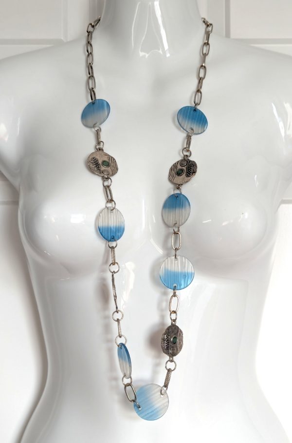 Mid-Century Brutalist Necklace With Blue Lucite & Tribal Faces