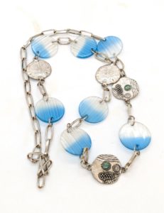 Mid-Century Brutalist Necklace With Blue Lucite & Tribal Faces
