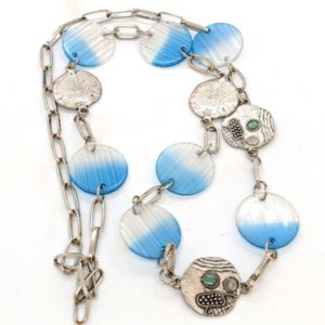 Mid-Century Brutalist Necklace With Blue Lucite & Tribal Faces
