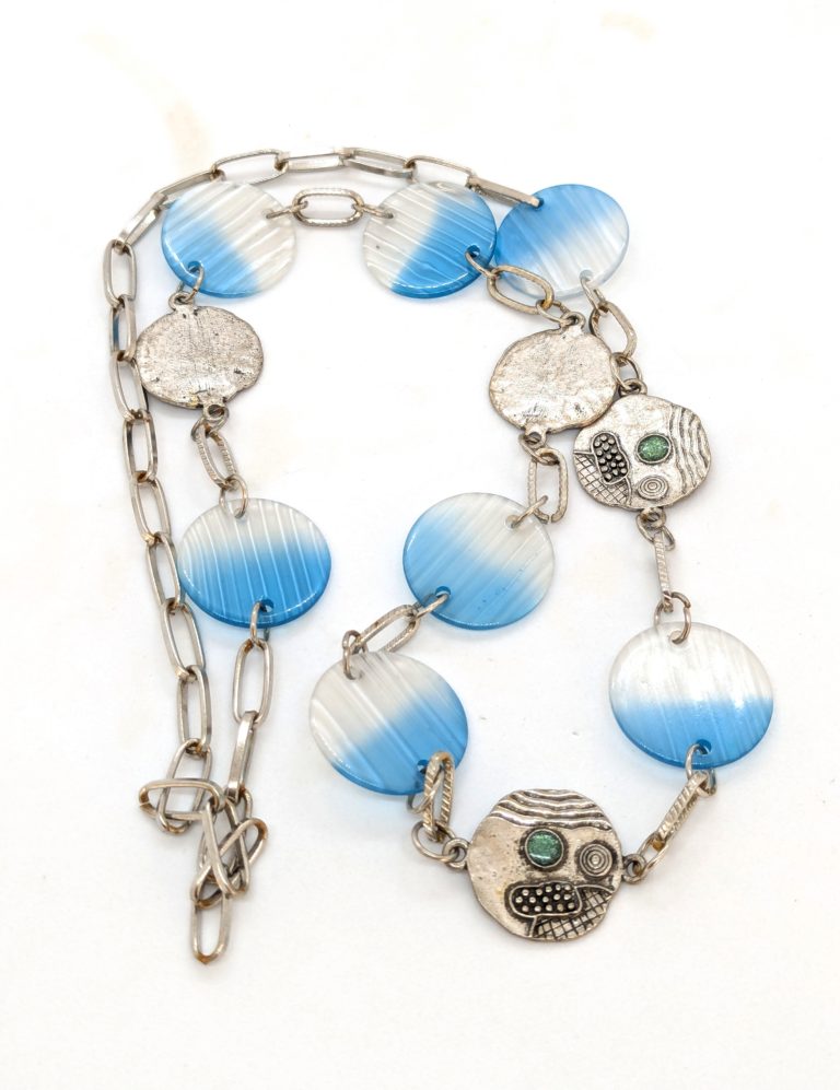 Mid-Century Brutalist Necklace With Blue Lucite & Tribal Faces