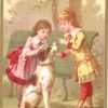 Victorian Chromolithograph Card – Children with Dog in Garden