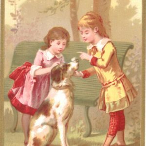 Victorian Chromolithograph Card – Children with Dog in Garden