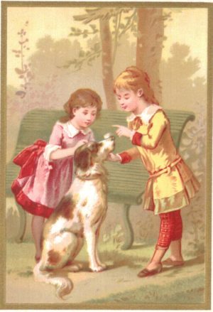 Victorian Chromolithograph Card – Children with Dog in Garden
