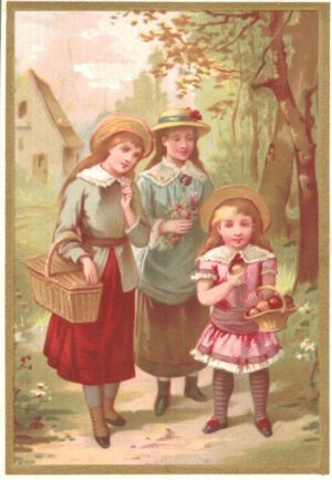 Victorian Chromolithograph Card – Girls with Picnic Baskets
