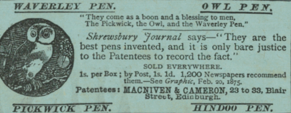 Victorian Macniven & Cameron Pen Ad – Owl & Waverley Pens