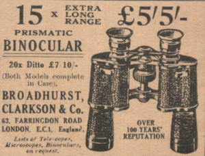 Vintage Broadhurst Binoculars Ad – Prismatic Optics London