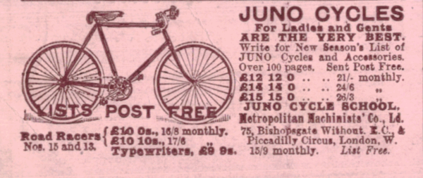 1899 Juno Cycles Ad – Victorian Bicycle Print Ephemera