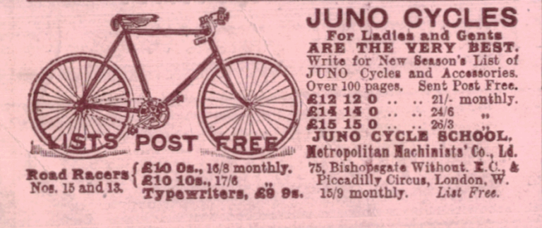 1899 Juno Cycles Ad – Victorian Bicycle Print Ephemera
