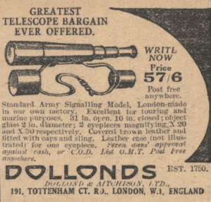 Vintage Telescope Advert – Dollonds Army Signalling Model, London