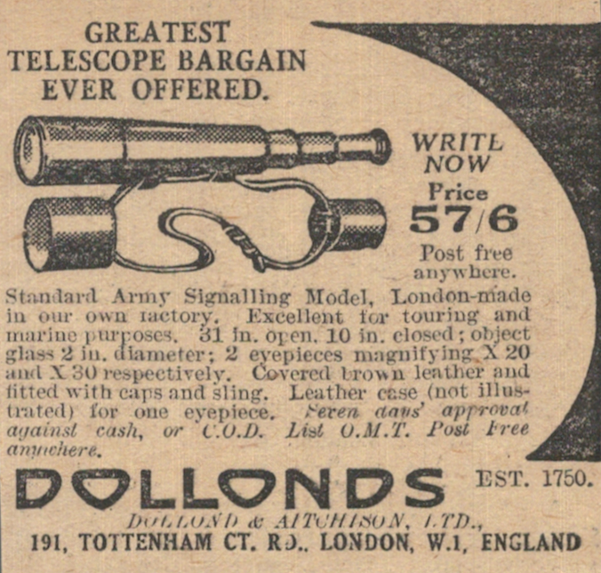 Vintage Telescope Advert – Dollonds Army Signalling Model, London