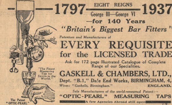 1934 Bar Fittings Advert – Gaskell & Chambers, Birmingham