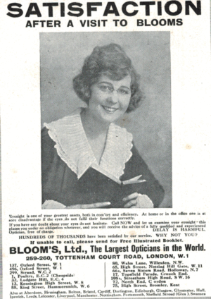 1920 Bloom’s Opticians Advert – London Vision Care Ephemera