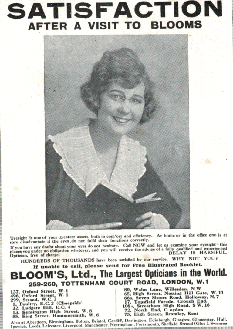 1920 Bloom’s Opticians Advert – London Vision Care Ephemera