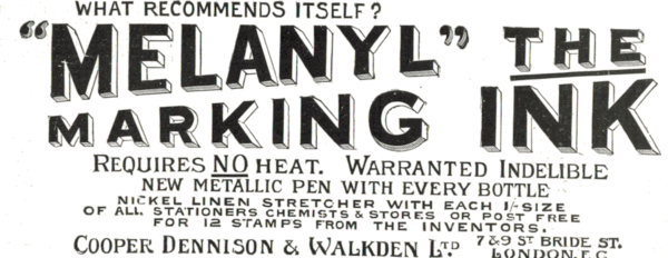 1910 Melanyl Marking Ink Advert – Cooper Dennison London Ephemera