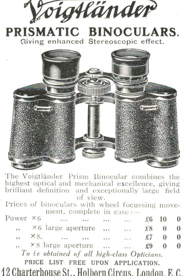 Voigtländer Prismatic Binoculars Ad – 1910 Optical Precision London