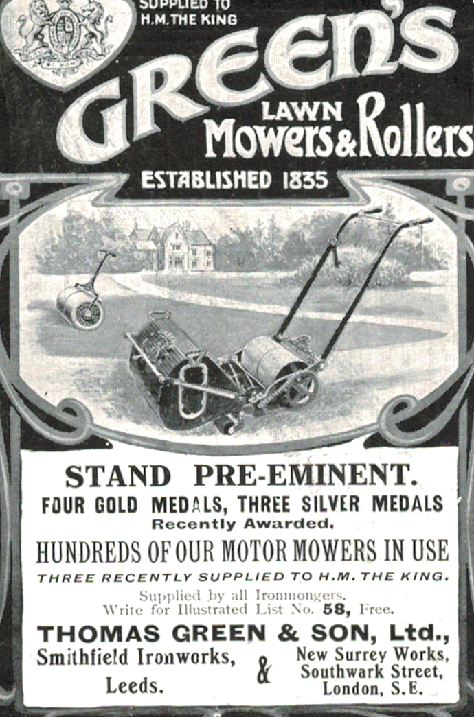 Green’s Lawn Mowers & Rollers Ad, 1910 Royal Warrant