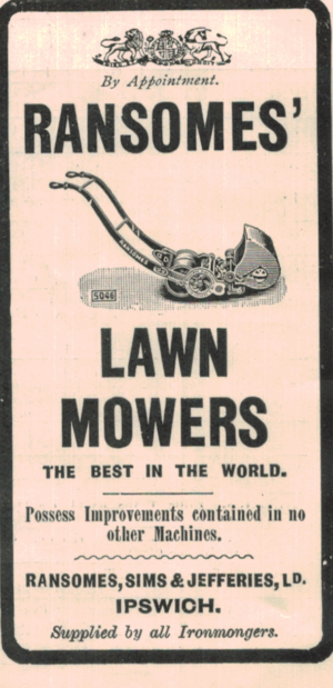 Ransomes Lawn Mowers Ad, Ipswich Makers with Royal Warrant