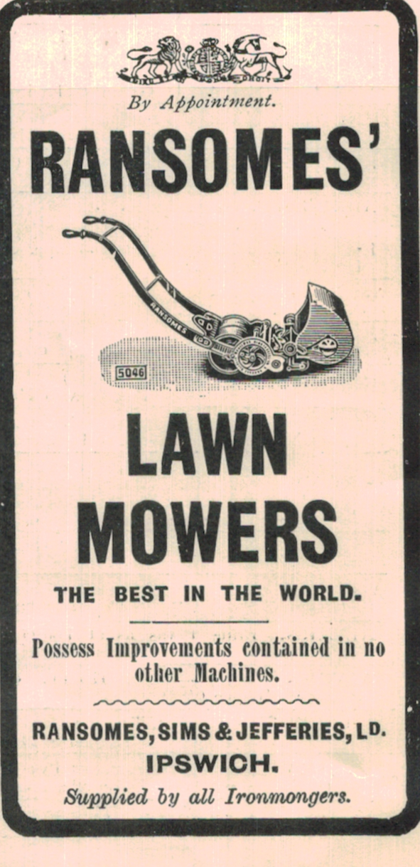 Ransomes Lawn Mowers Ad, Ipswich Makers with Royal Warrant