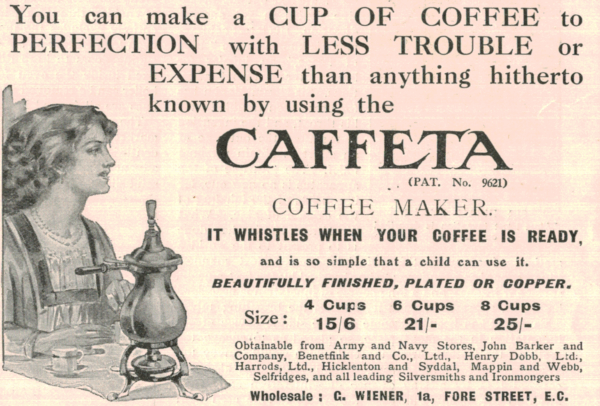 Caffeta Coffee Maker Ad, 1910 Plated & Copper Table Model