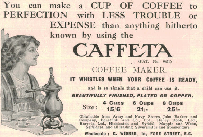 Caffeta Coffee Maker Ad, 1910 Plated & Copper Table Model