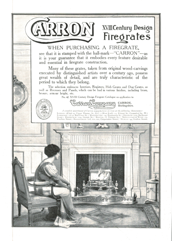 Carron Firegrates Ad, 1910 XVIII Century Design Revival