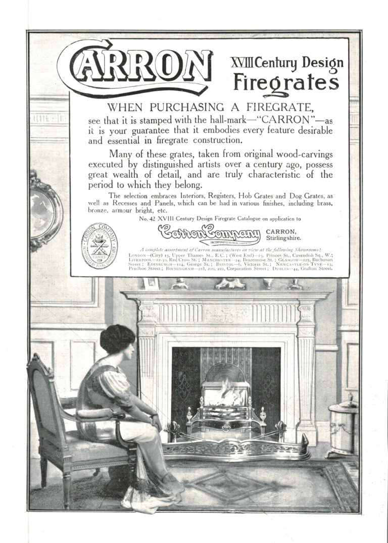 Carron Firegrates Ad, 1910 XVIII Century Design Revival