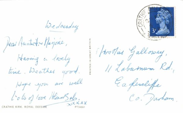 Crathie Kirk Royal Deeside Postcard, 1972 Balmoral Postmark