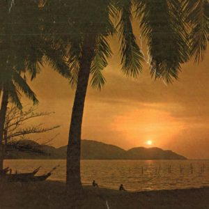 1988 Penang Malaysia Sunset Postcard – Palm Trees & Boats