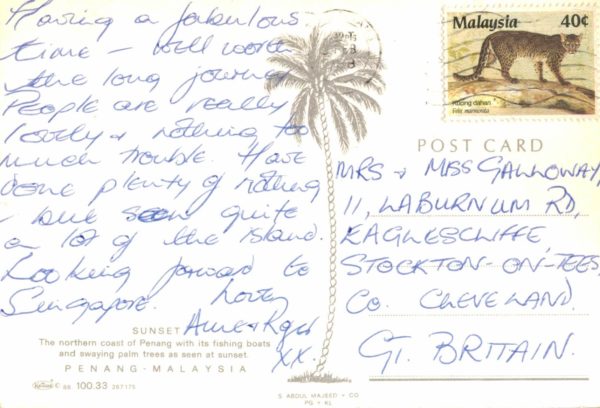 1988 Penang Malaysia Sunset Postcard – Palm Trees & Boats