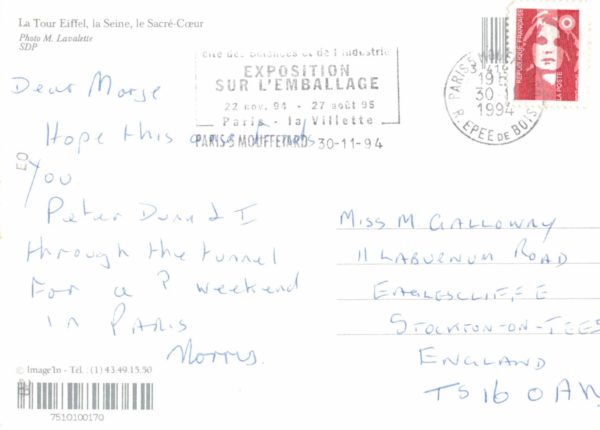Vintage 1994 Paris Postcard – Eiffel Tower & Seine Aerial View