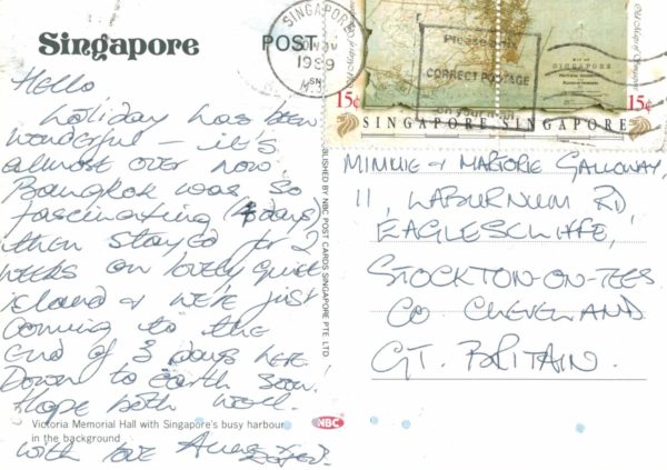 Singapore Victoria Memorial Hall Postcard 1989