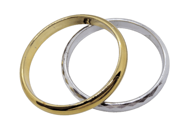 Glossy Goldtone & Faceted Silvertone Bangles Pair 2⅞ Glossy Goldtone & Faceted Silvertone Bangles Pair 2⅞