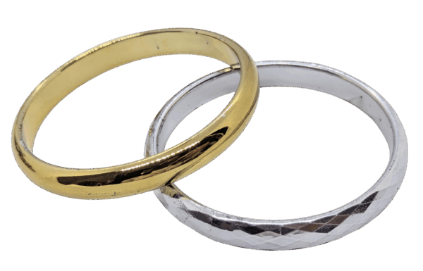 Glossy Goldtone & Faceted Silvertone Bangles Pair 2⅞ Glossy Goldtone & Faceted Silvertone Bangles Pair 2⅞