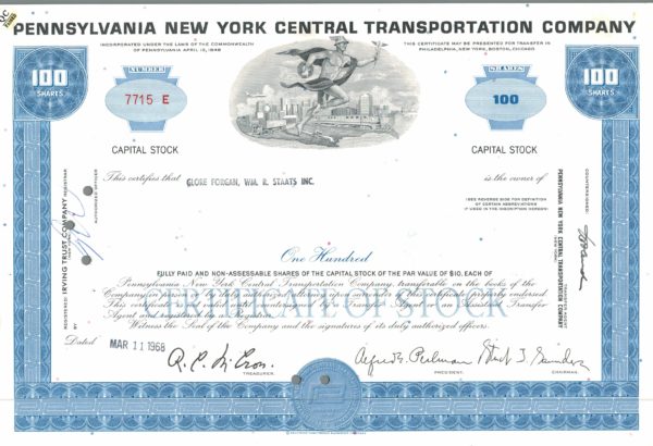 Pennsylvania New York Central Transportation Company Share Certificate 1968 Pennsylvania New York Central Transportation Company Share Certificate 1968