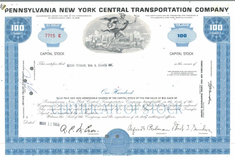 Pennsylvania New York Central Transportation Company Share Certificate 1968