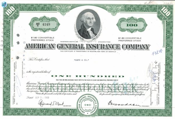 American General Insurance Company Share Certificate 1969 American General Insurance Company Share Certificate 1969