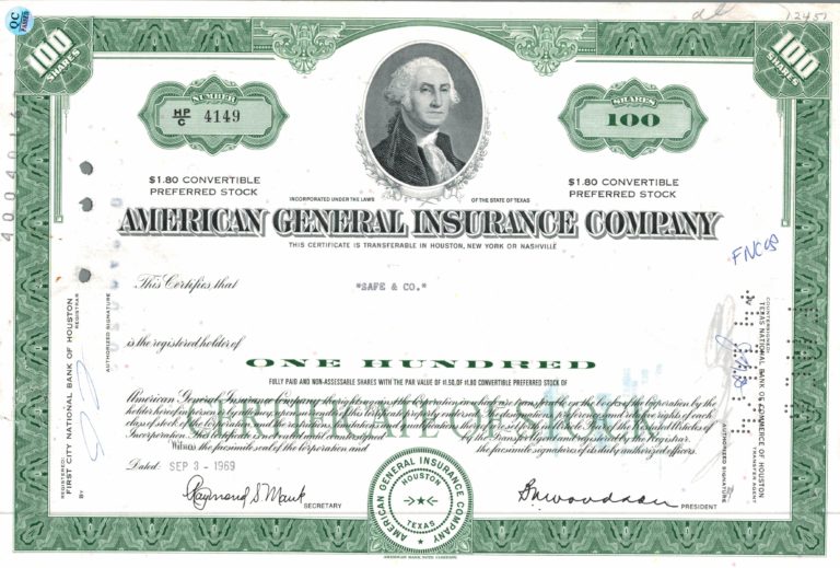 American General Insurance Company Share Certificate 1969