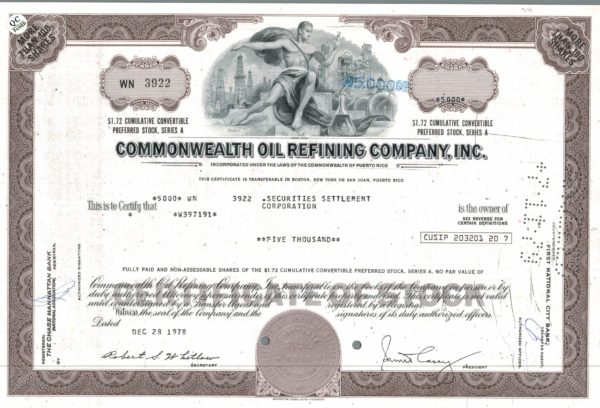 Commonwealth Oil Refining Company Share Certificate 1978 Commonwealth Oil Refining Company Share Certificate 1978